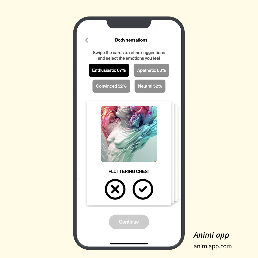 Mobile app interface screenshot showing a card with body sensation that the user can choose, along with suggested emotions