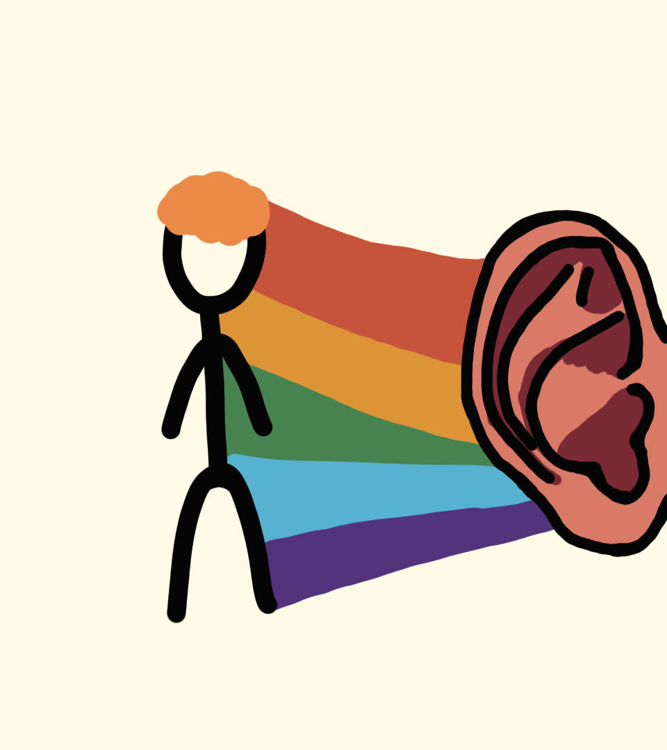 Body producing rainbow going to an ear, representing listening to one's body