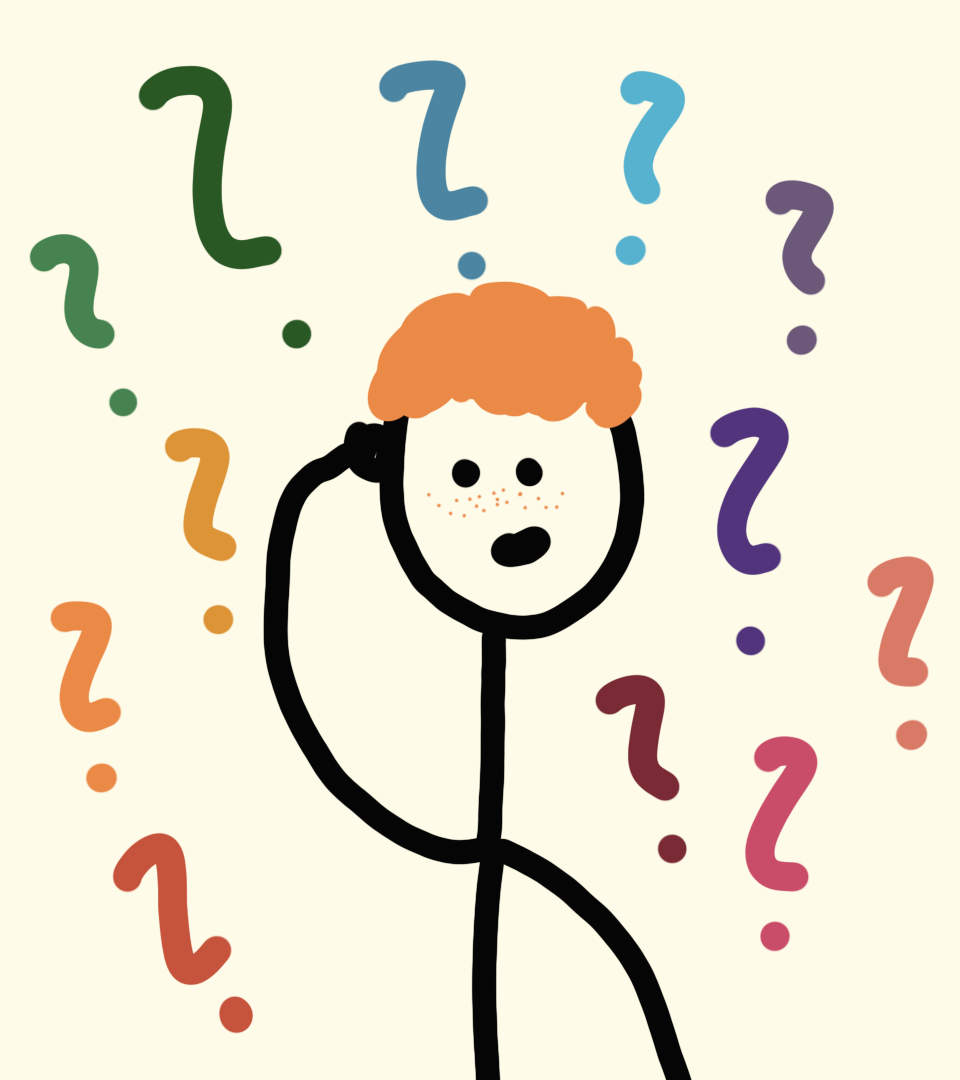 Person surrounded by question marks